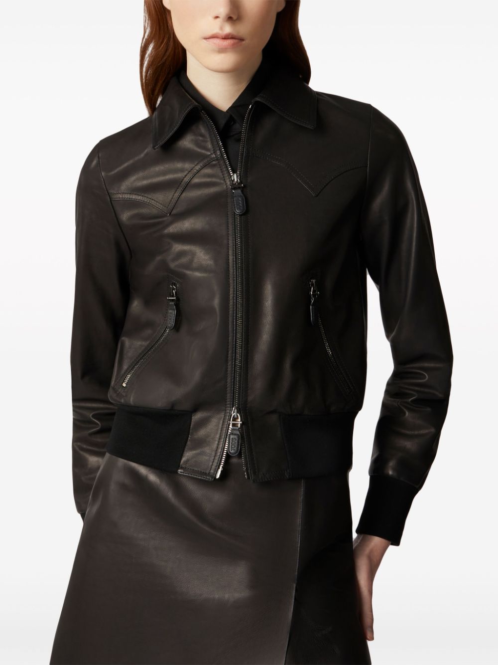 Shop Tod's Leather Bomber Jacket In Black