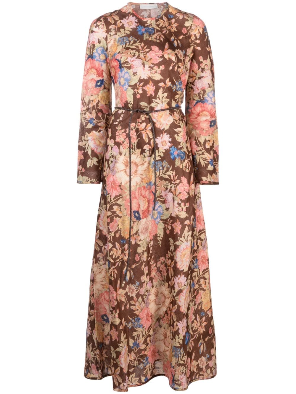 ZIMMERMANN August floral-pattern belted linen midi dress - Brown