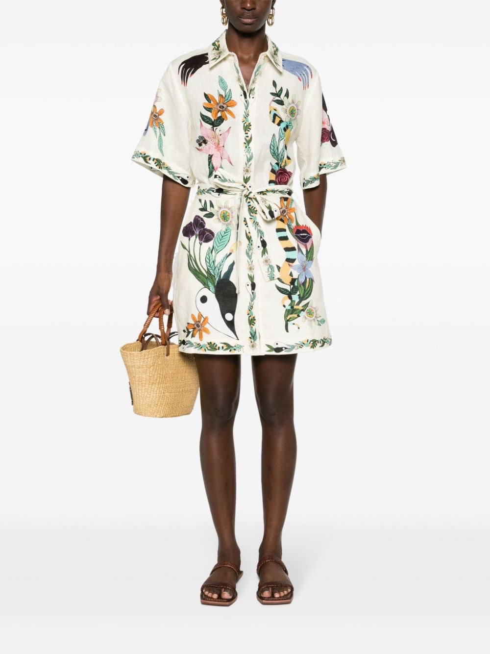 Shop Alemais Meagan Floral-print Linen Minidress In Neutrals