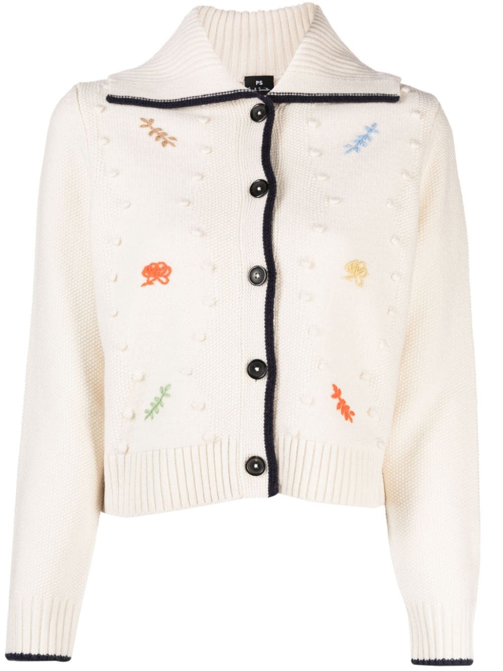 Ps By Paul Smith Motif-embroidered Ribbed-knit Cardigan In Nude