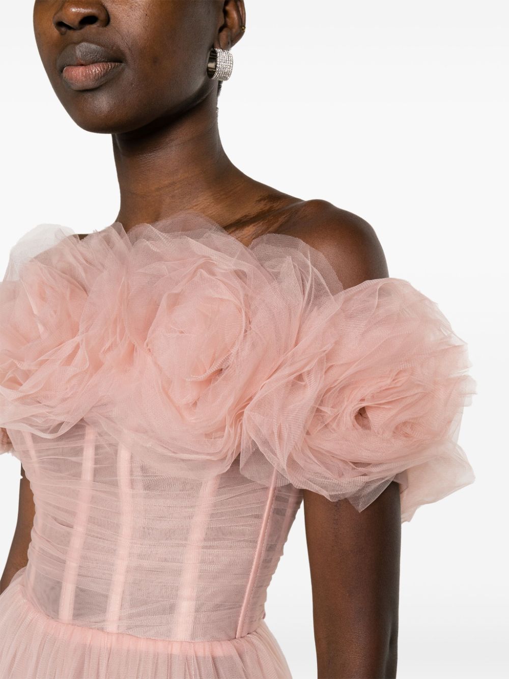 Shop Ana Radu Rose-appliqué Tulle Gown Dress In Pink