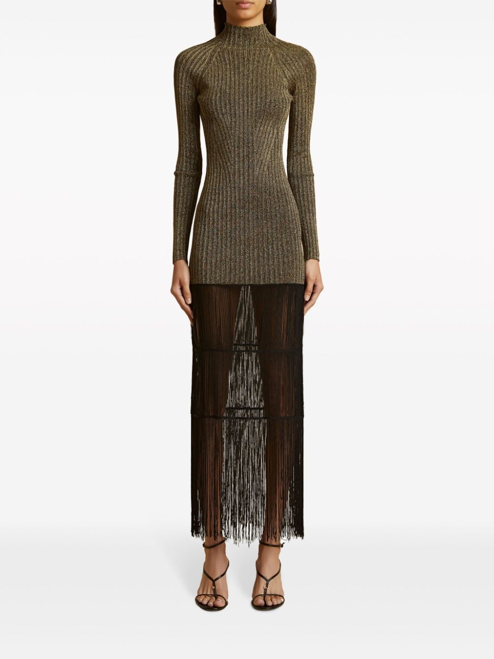 Shop Khaite Cedar Ribbed-knit Maxi Dress In Gold