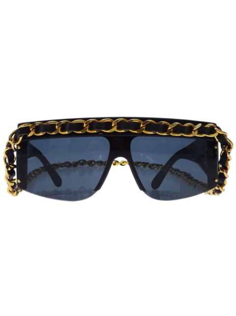 Affordable HOT SALE CHANEL 1990-2000s leather-and-chain trimmed shield sunglasses Women