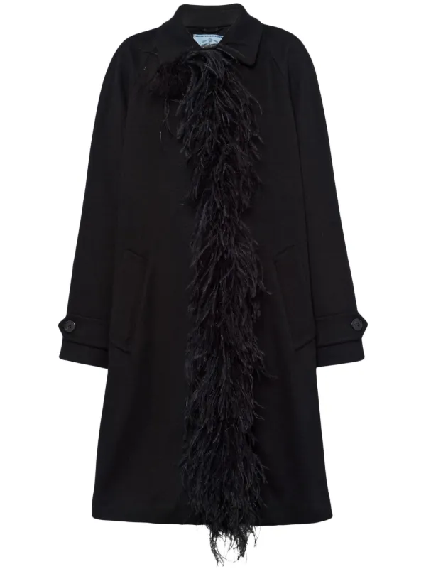 Prada Feather-trim Cashmere Coat in Black
