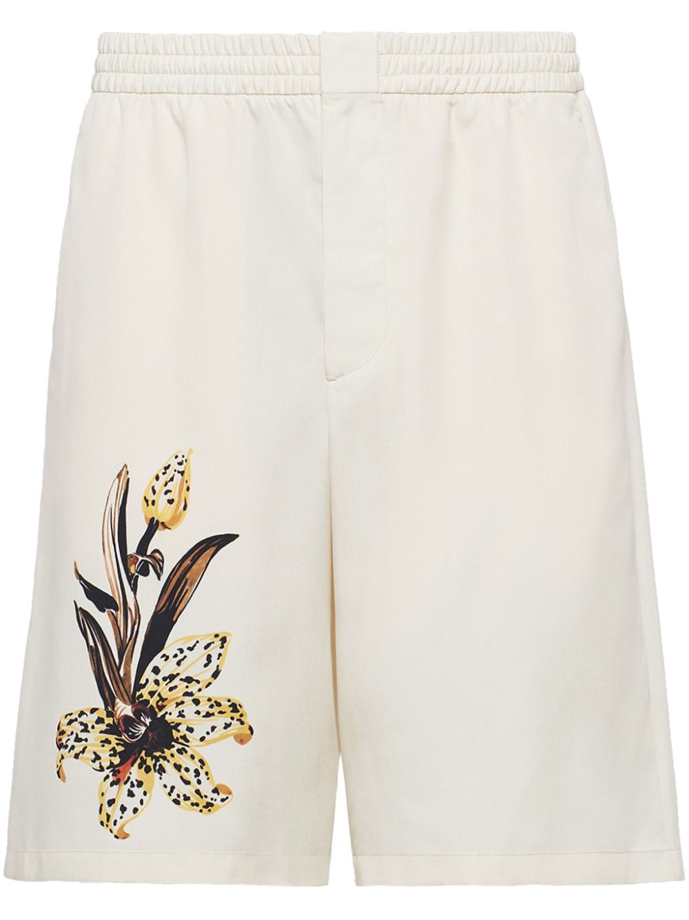 Shop Prada Flower-print Silk Bermuda Shorts In Neutrals