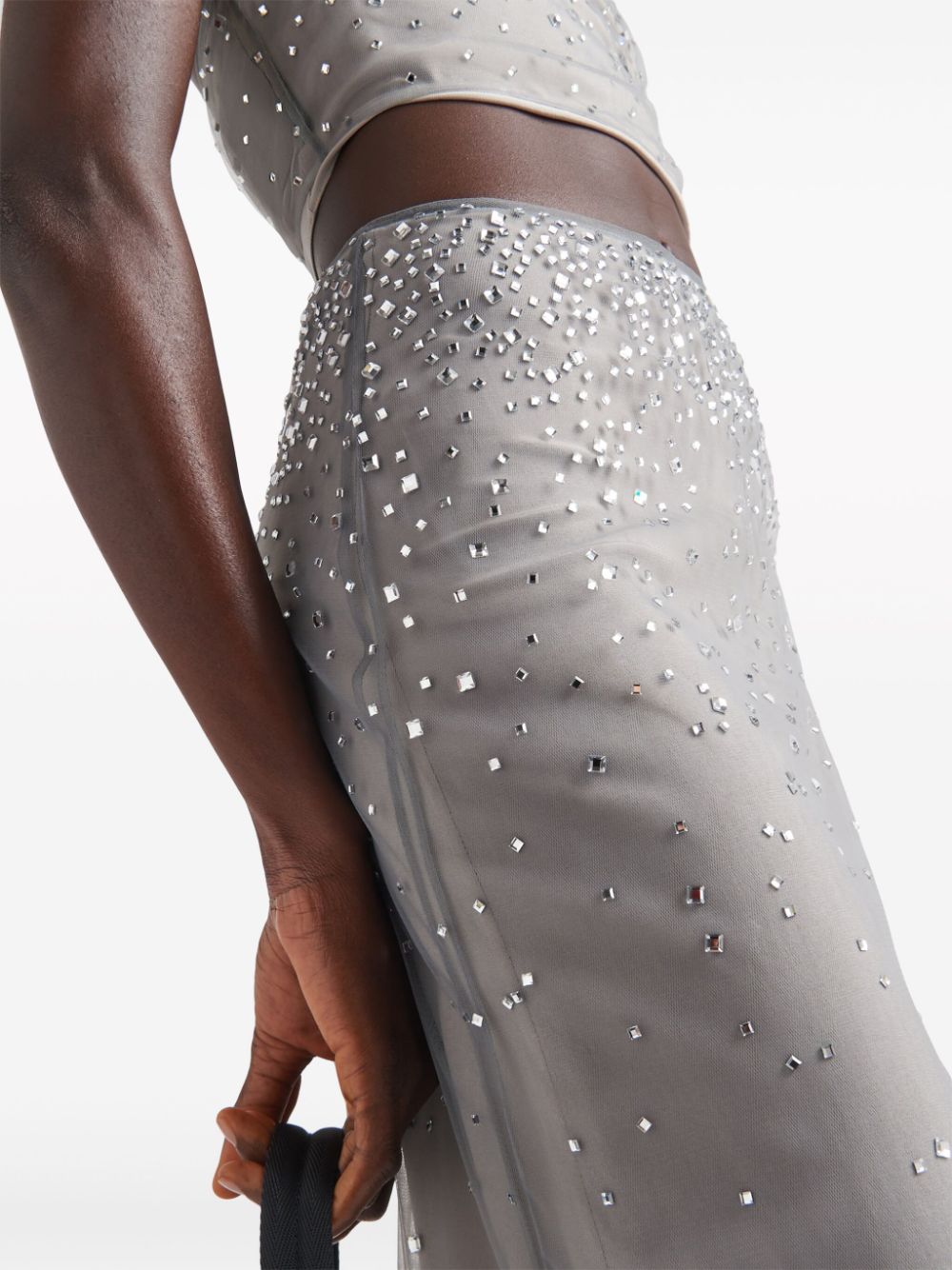 Shop Prada Crystal-studded Tulle Midi Skirt In Grey