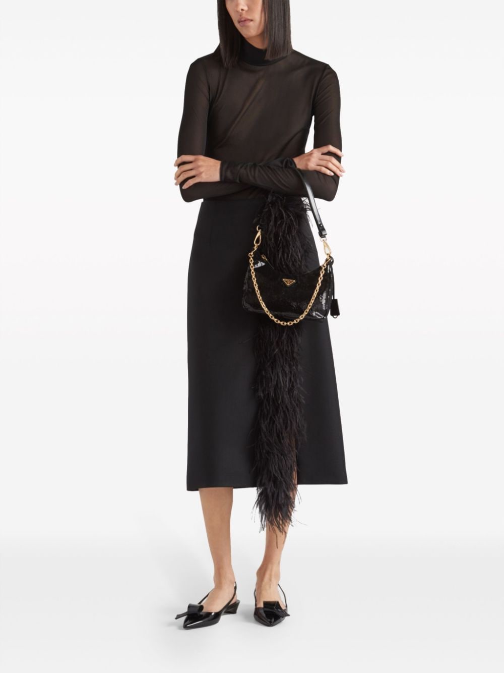 Shop Prada Feather-trimmed Wool Midi Skirt In Black