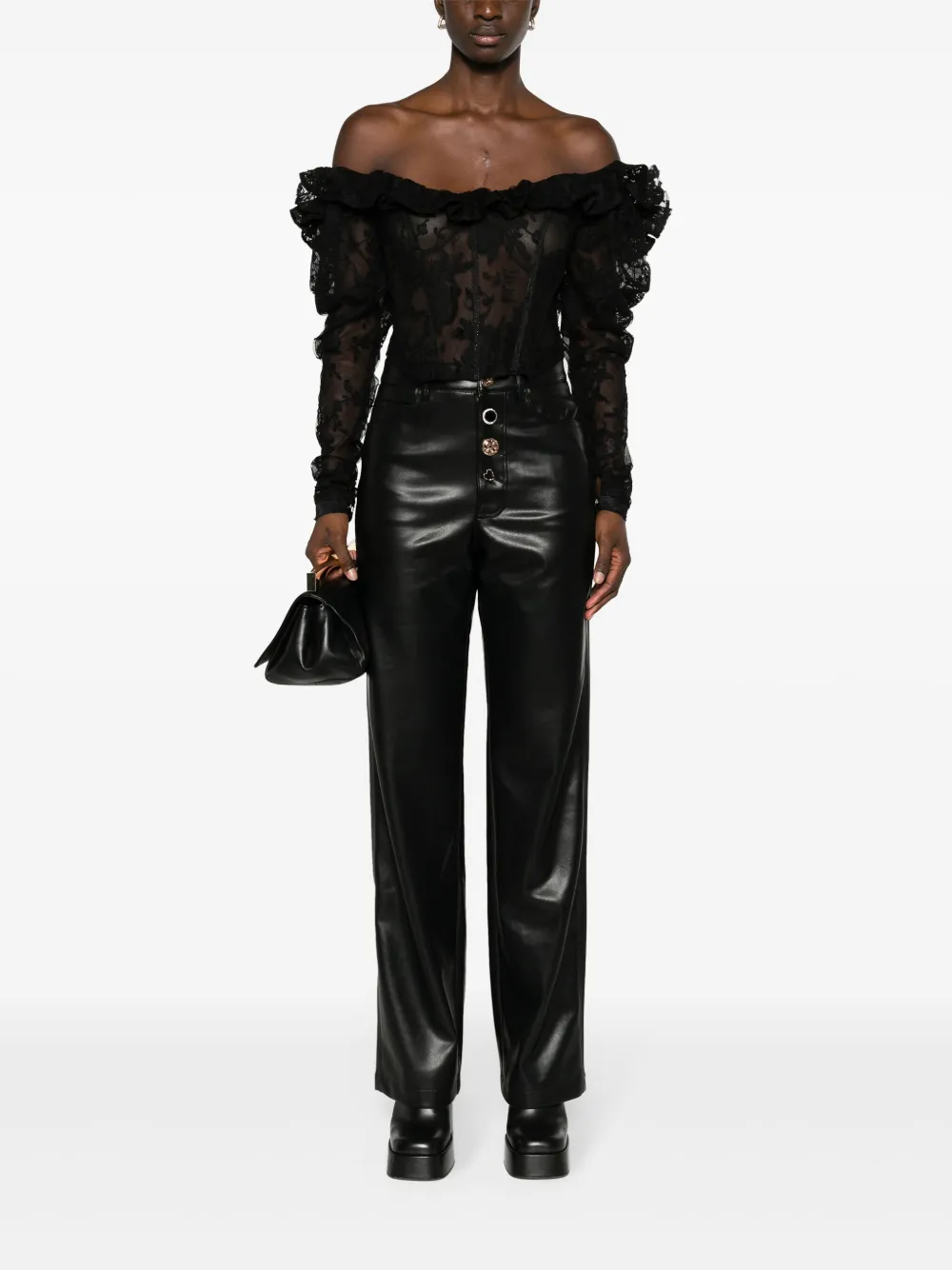 The Mannei Bacea floral-lace ruffle-trim corset top - Zwart