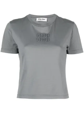 miu miu グレー Tシャツ Miu Miu logo-patch T-shirt | Grey | FARFETCH