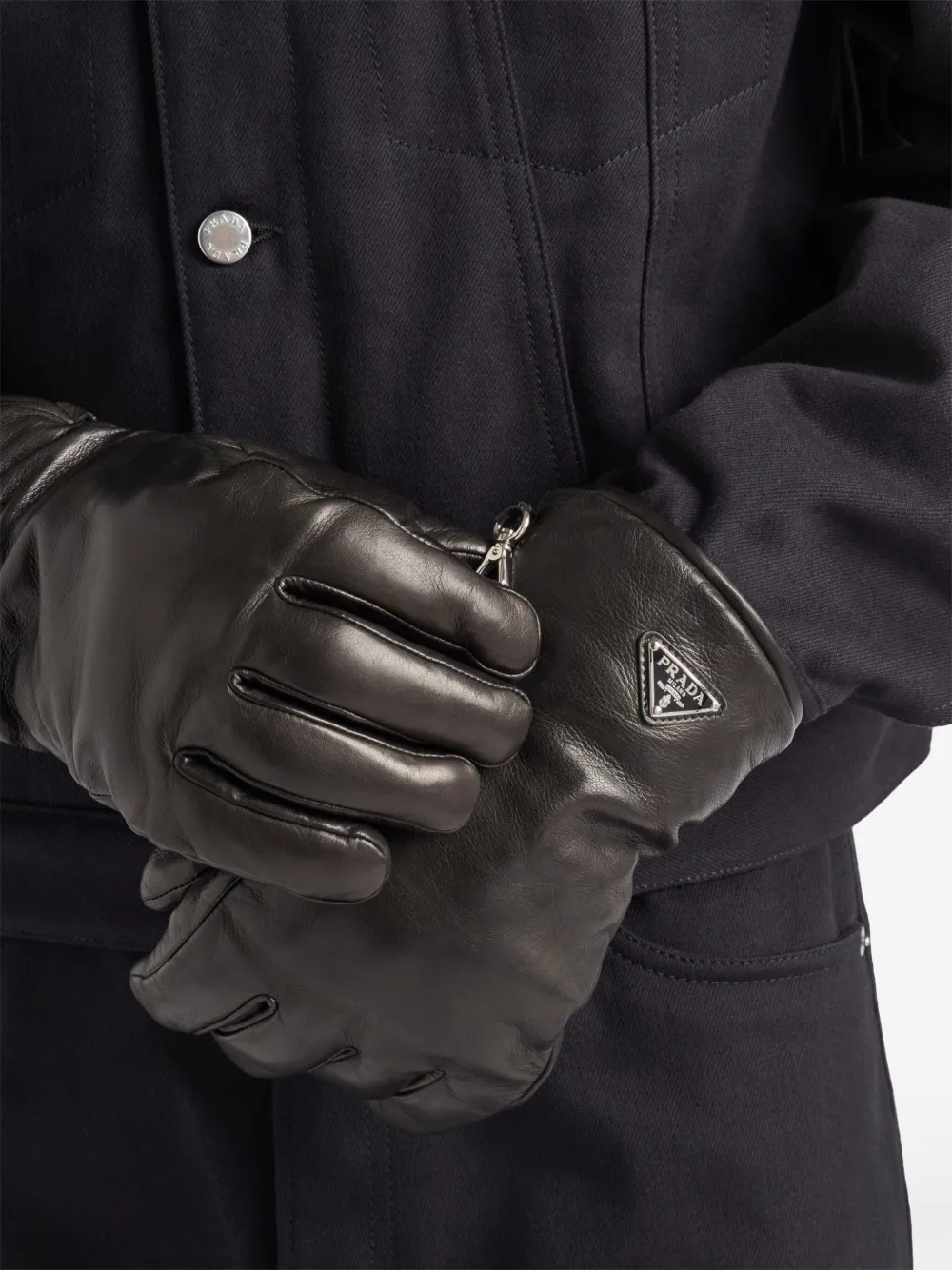 Shop Prada Triangle-logo Leather Gloves In Black