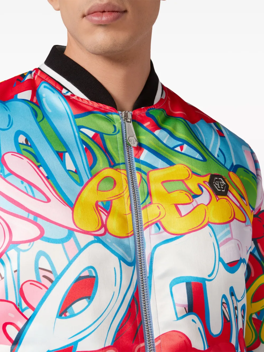 Shop Philipp Plein Graffiti-print Satin Bomber Jacket In Blue