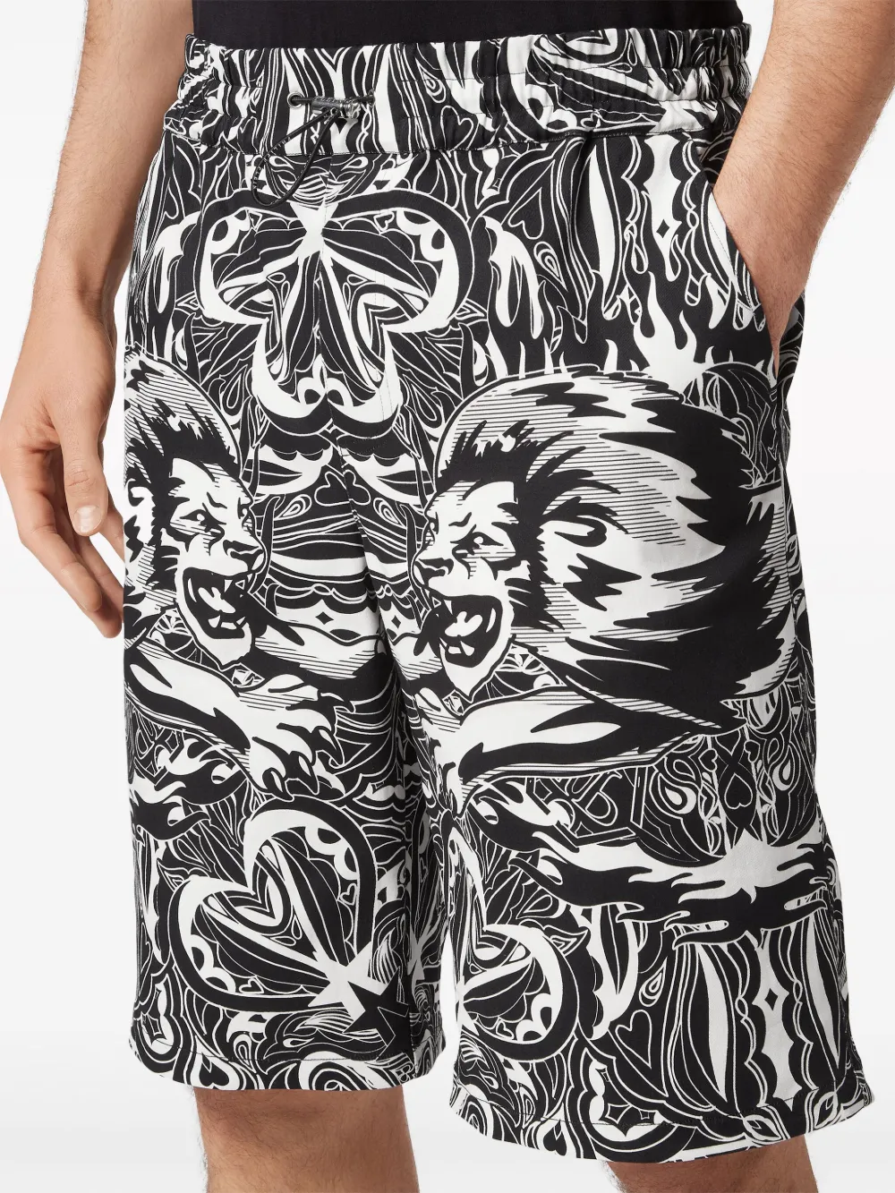 Shop Philipp Plein Tribal Circus-print Cotton Shorts In Black