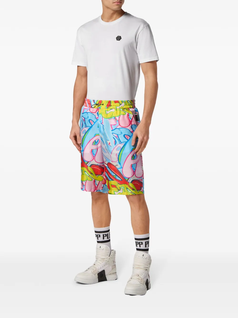 Shop Philipp Plein Bombing Graffiti Silk Bermuda Shorts In Blue