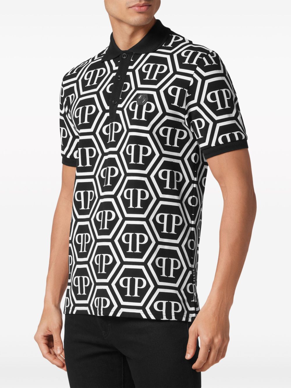 Shop Philipp Plein Monogram-print Cotton Polo Shirt In Black