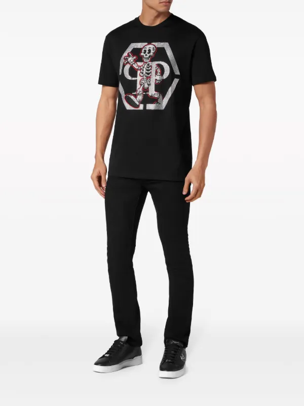 PHILIPP PLEIN スカルホンスロコクルネックTシャツ 【関税込】 Philipp Plein rhinestone-skeleton Cotton T-shirt | Black