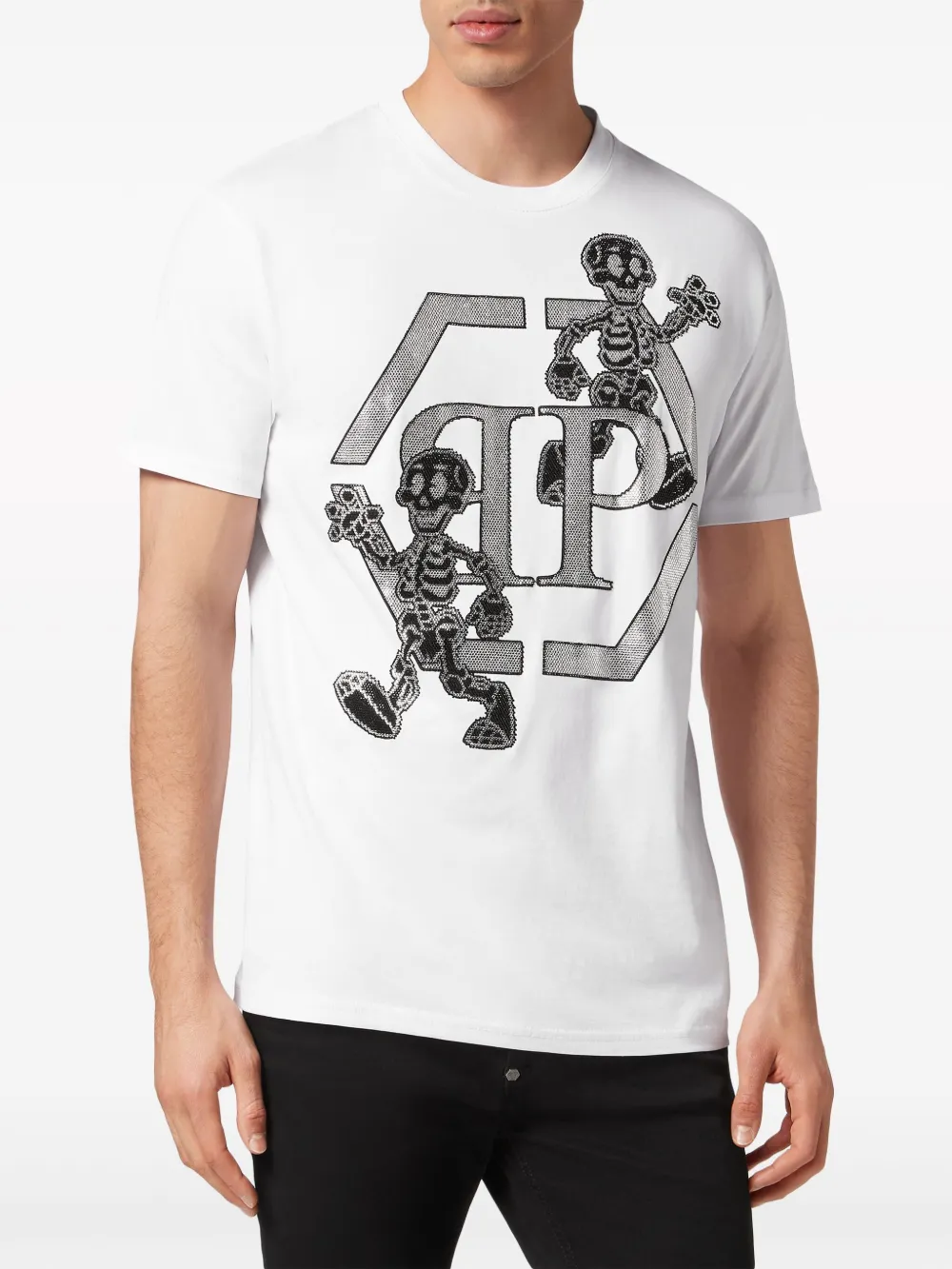 Shop Philipp Plein Skeleton Embellished Cotton T-shirt In White