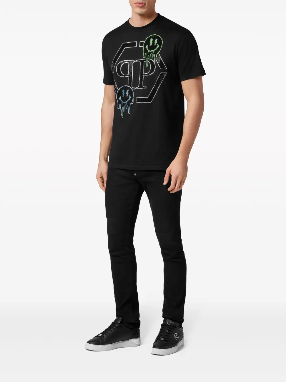 Shop Philipp Plein Embellished-smile Cotton T-shirt In Black