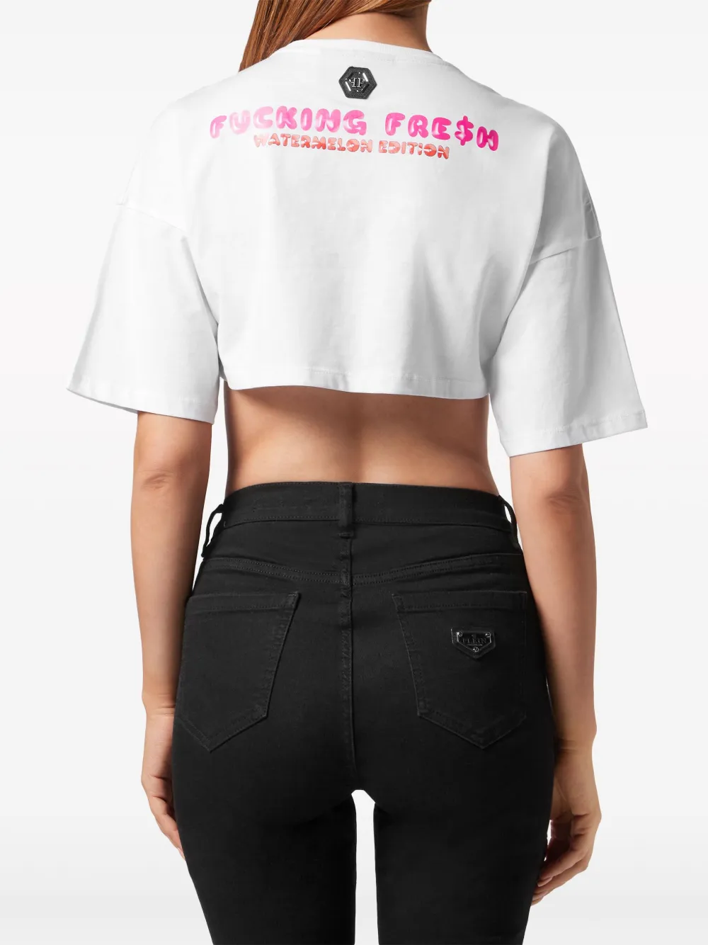 Shop Philipp Plein Logo-embellished Cropped T-shirt In White