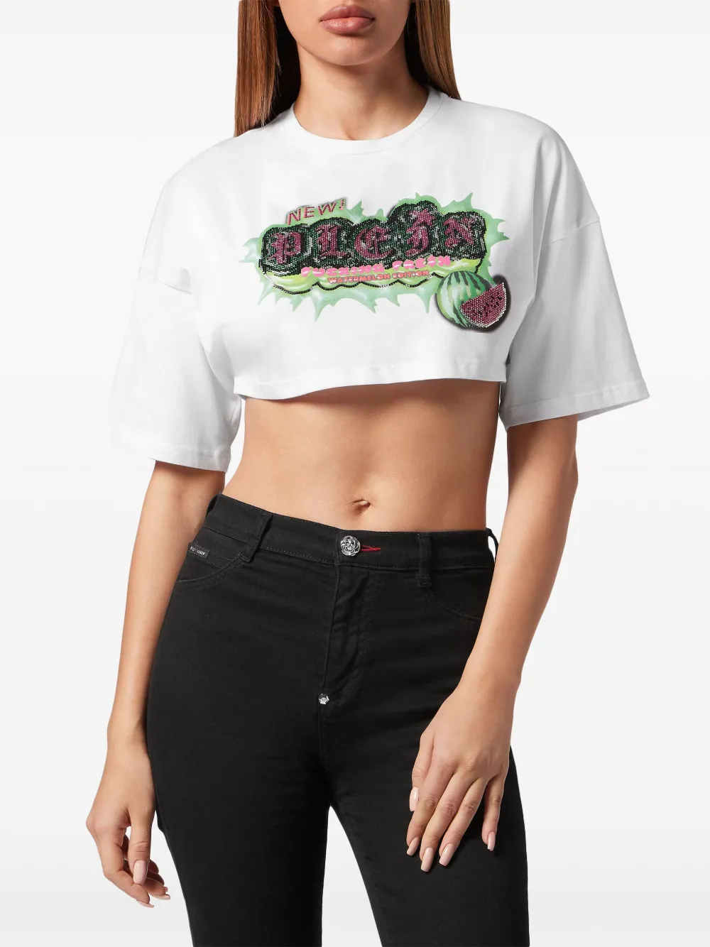 Shop Philipp Plein Logo-embellished Cropped T-shirt In White