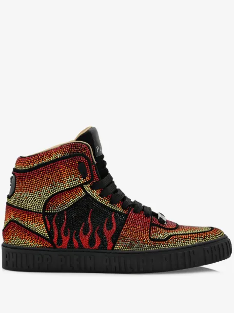 Philipp Plein tenis con motivo de fuego y detalles de cristal