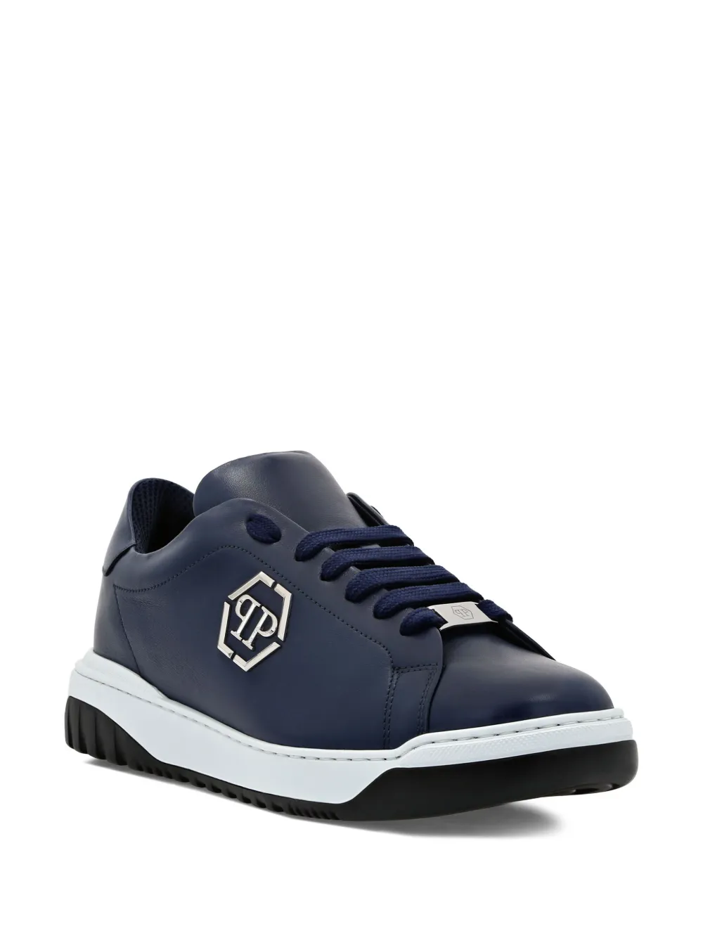 Shop Philipp Plein Logo-appliqué Leather Sneakers In Blue