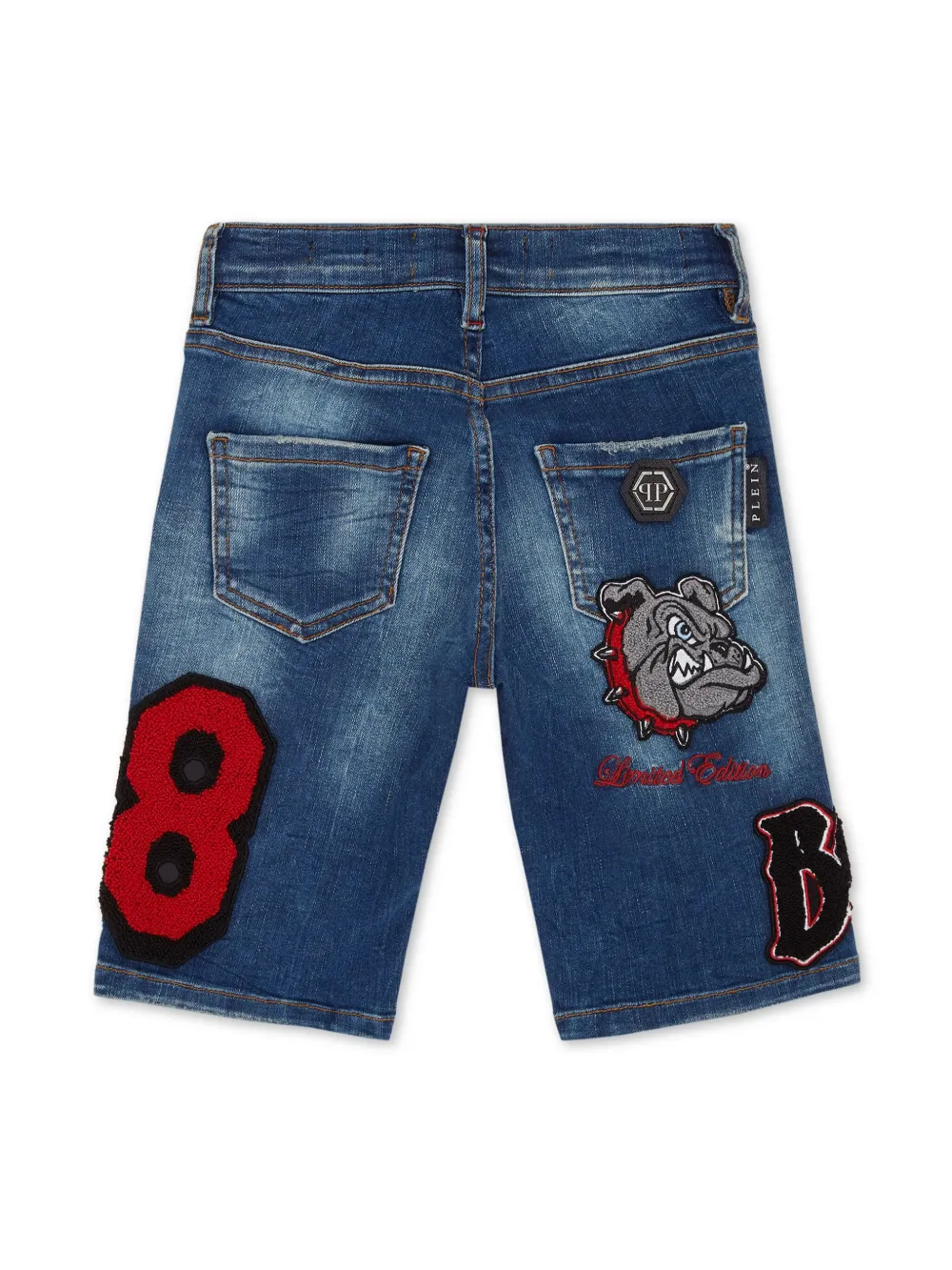 Shop Philipp Plein Appliquéd Denim Shorts In Blue