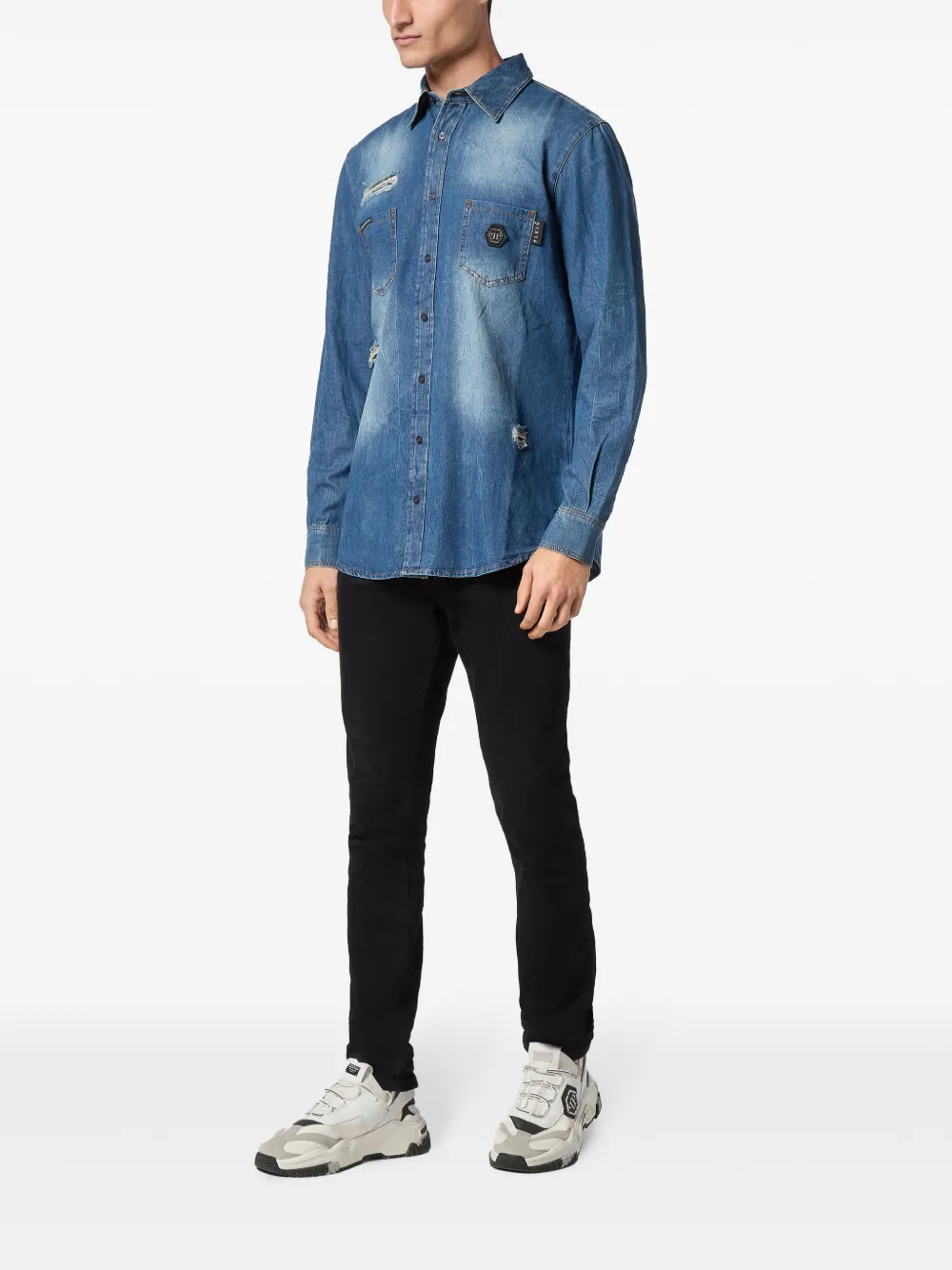 Philipp Plein Overhemd met gerafeld-effect - Blauw