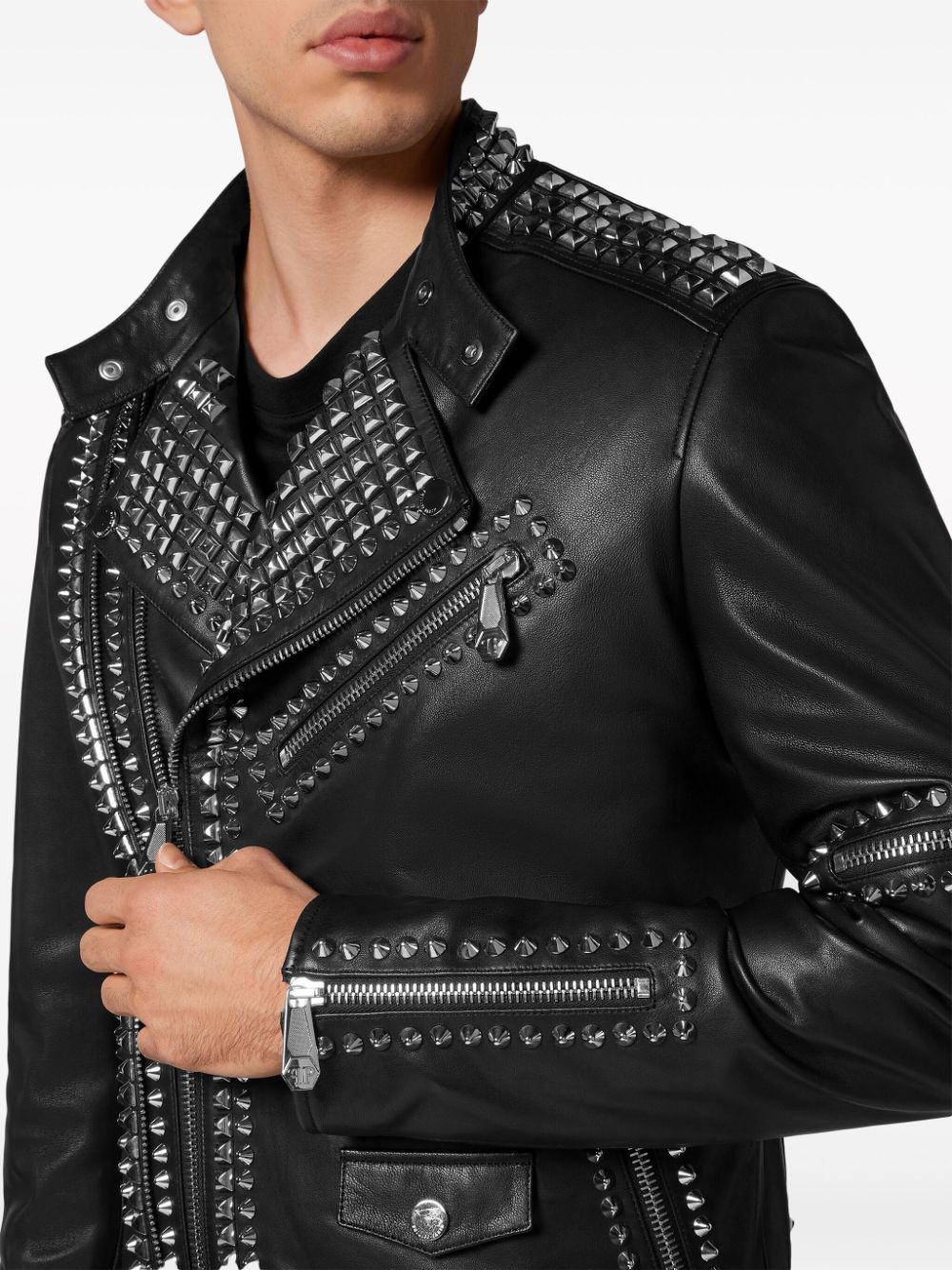 Shop Philipp Plein Studded Leather Jacket In Black