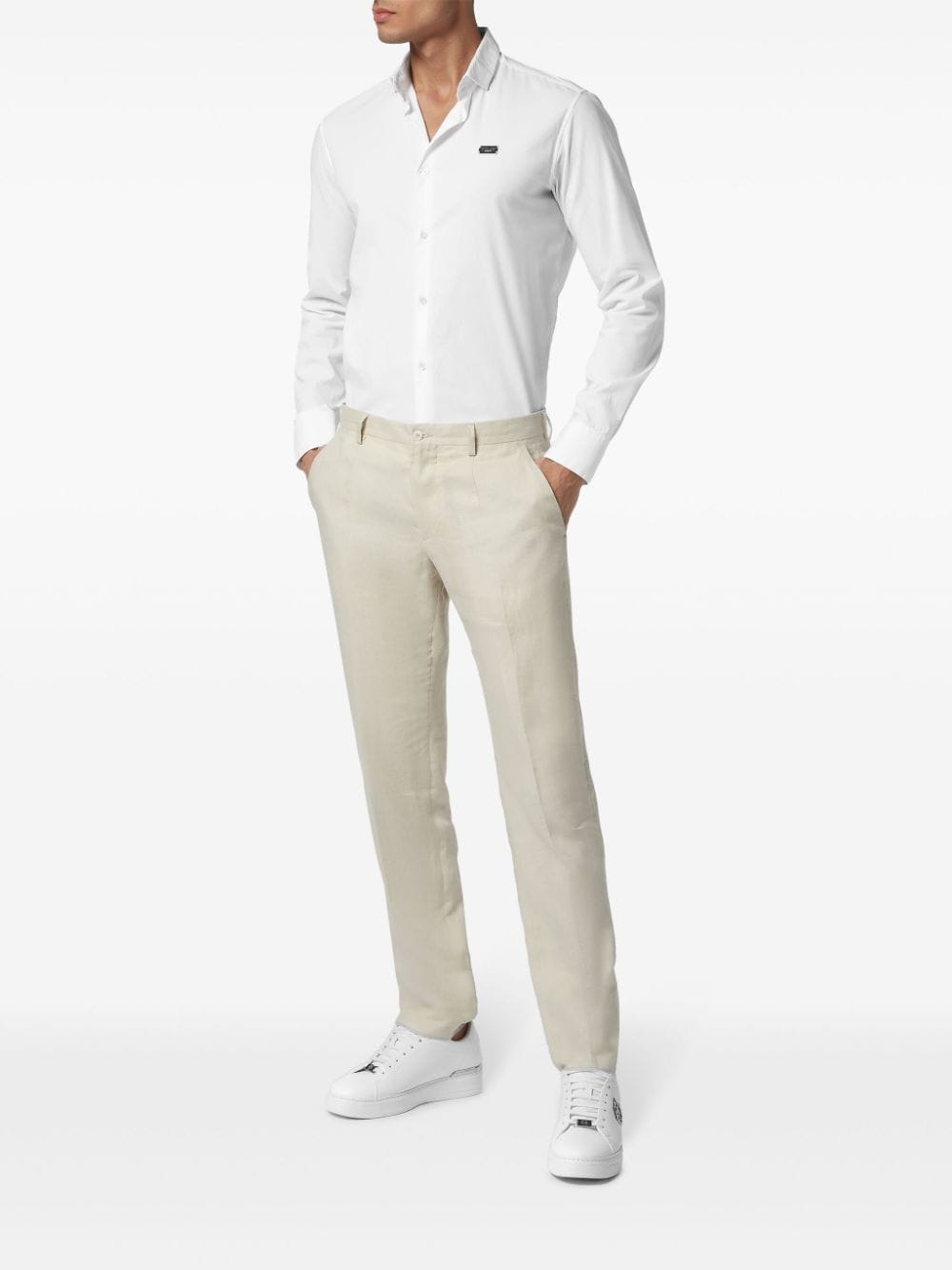 Shop Philipp Plein Linen Tailored Trousers In Neutrals