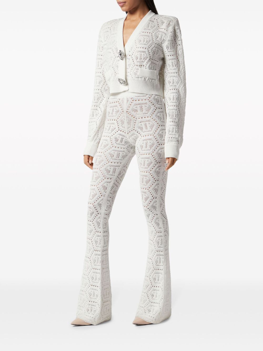Shop Philipp Plein Monogram Crochet-knit Cardigan In White