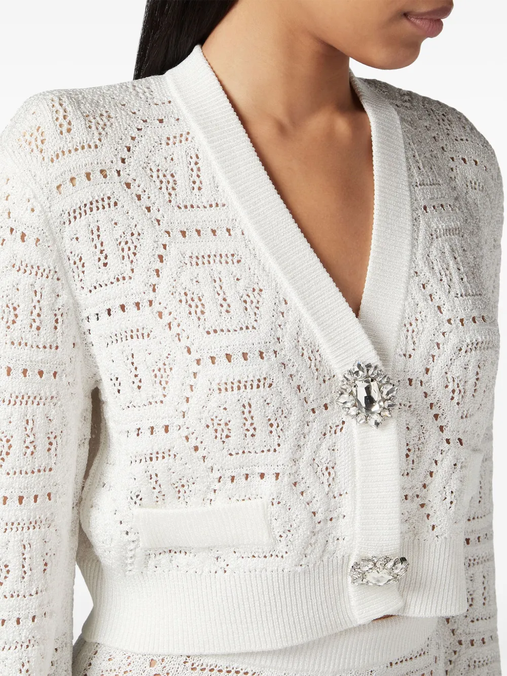 Shop Philipp Plein Monogram Crochet-knit Cardigan In White