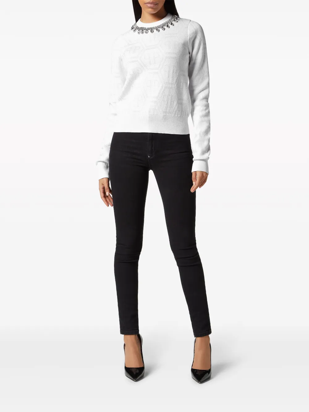 Shop Philipp Plein Monogram Crystal-embellished Jumper In White