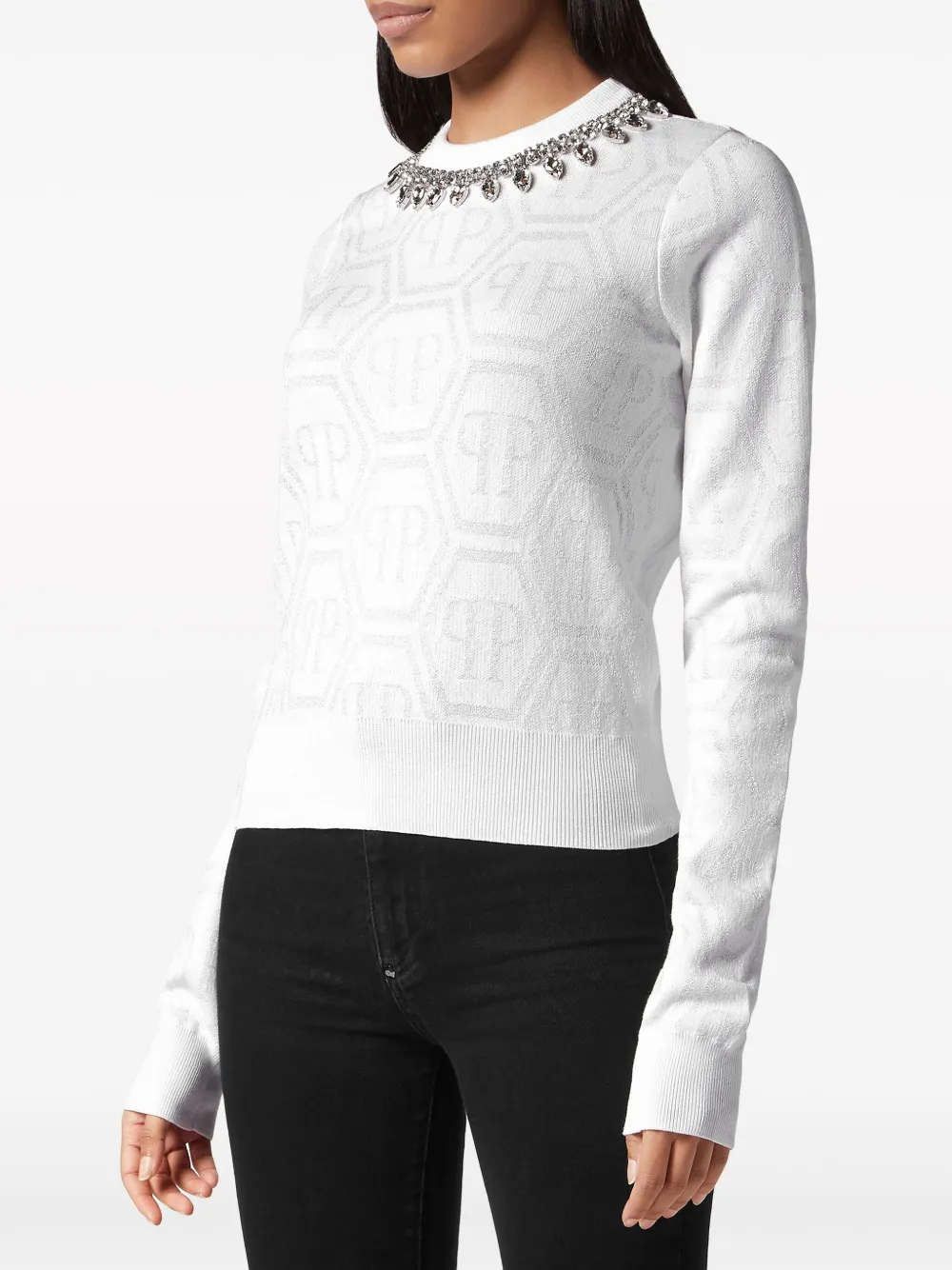 Shop Philipp Plein Monogram Crystal-embellished Jumper In White