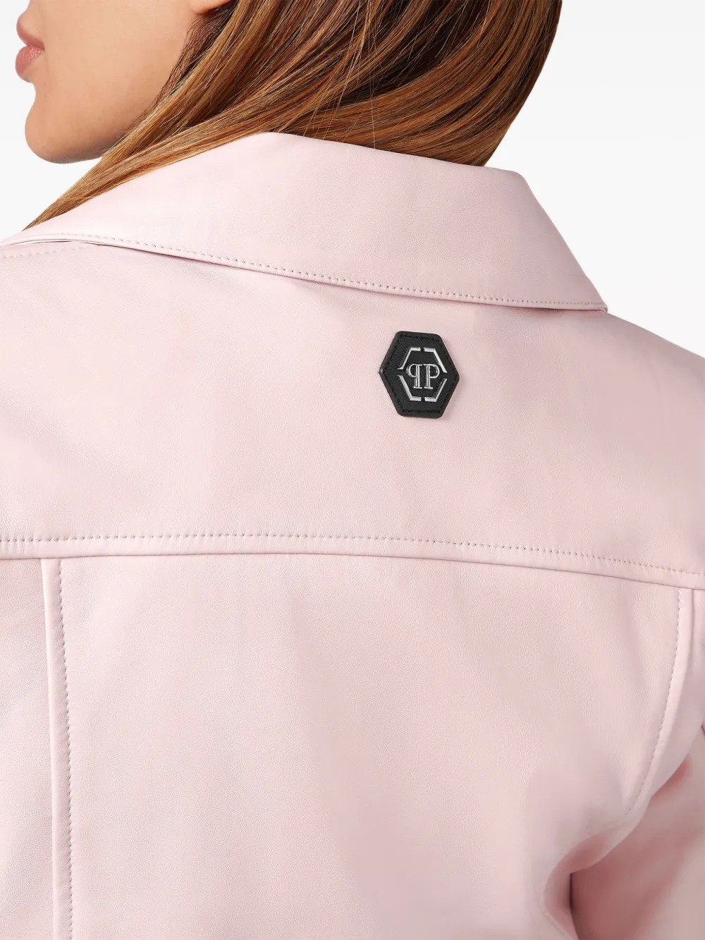 Shop Philipp Plein Cropped Leather Biker Jacket In Pink