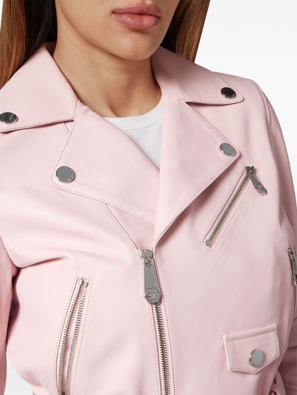 Shop Philipp Plein Cropped Leather Biker Jacket In Pink