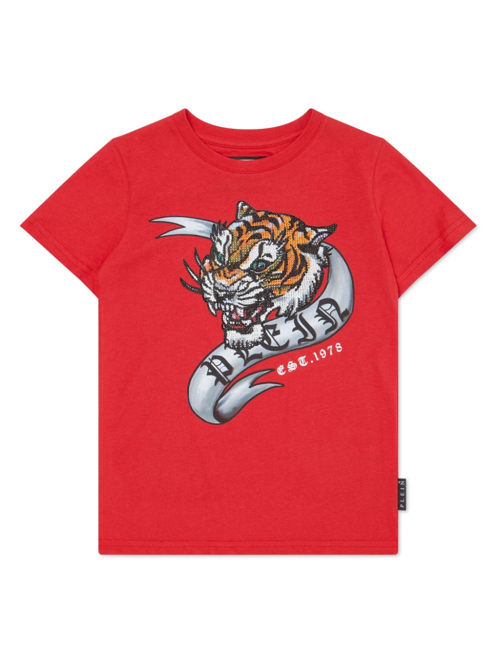 Philipp Plein Kids' Crystal-embellished Tiger T-shirt In Red