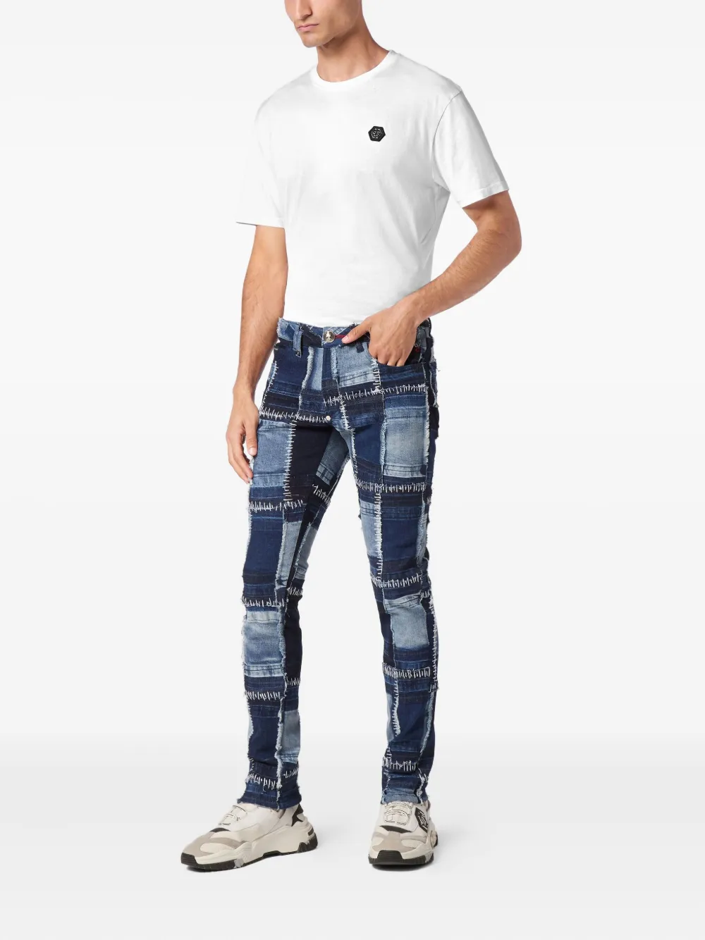 Philipp Plein Denim jeans met patchwork en stiksels - Blauw