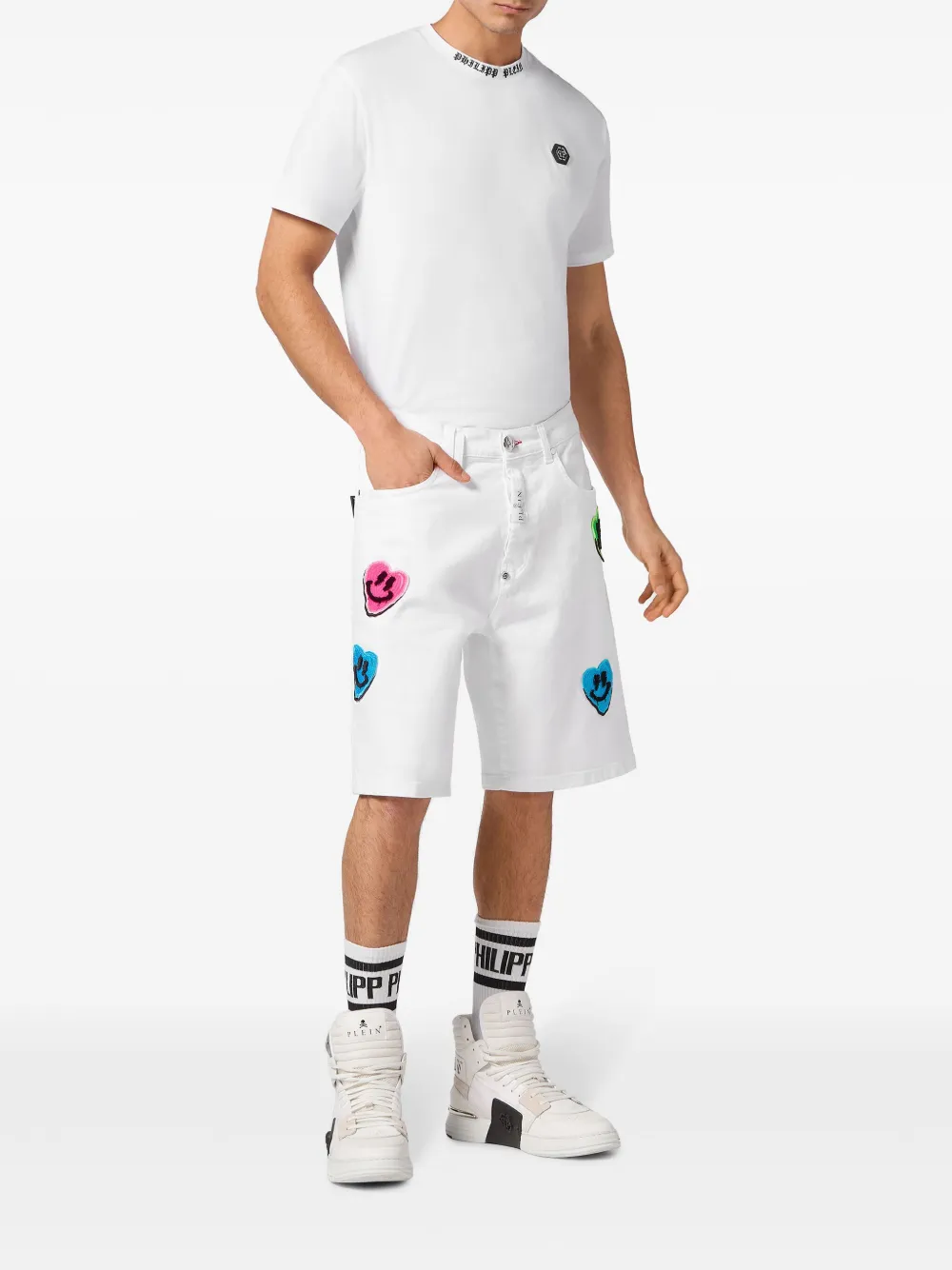 Philipp Plein Smile Graffiti-print straight-leg shorts - Wit