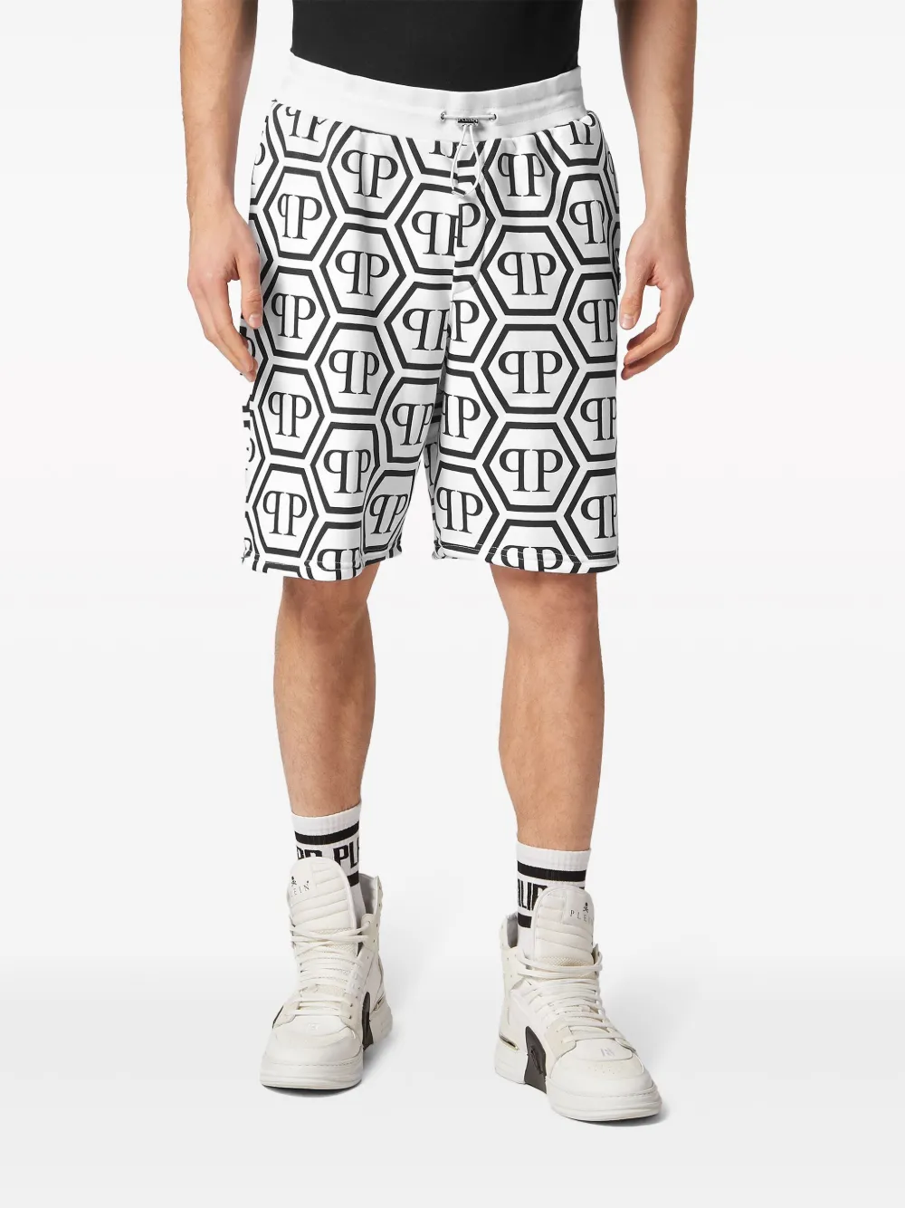 Shop Philipp Plein Monogram Drawstring Track Shorts In White