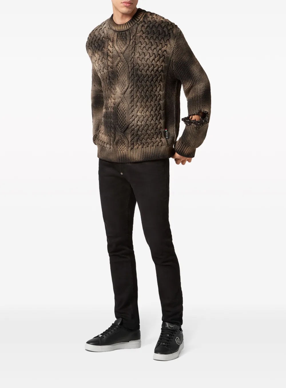 Shop Philipp Plein Cable-knit Distressed Jumper In Brown