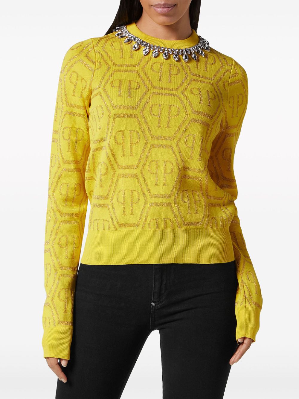 Shop Philipp Plein Monogram Crystal-embellished Jumper In Yellow