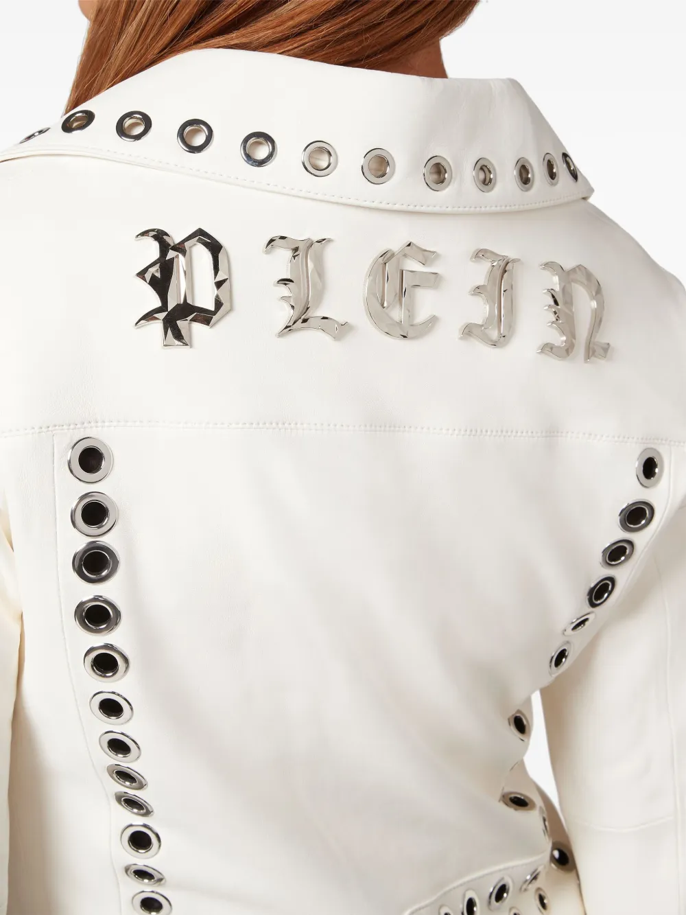 Shop Philipp Plein Eyelet-embellished Leather Biker Jacket In White