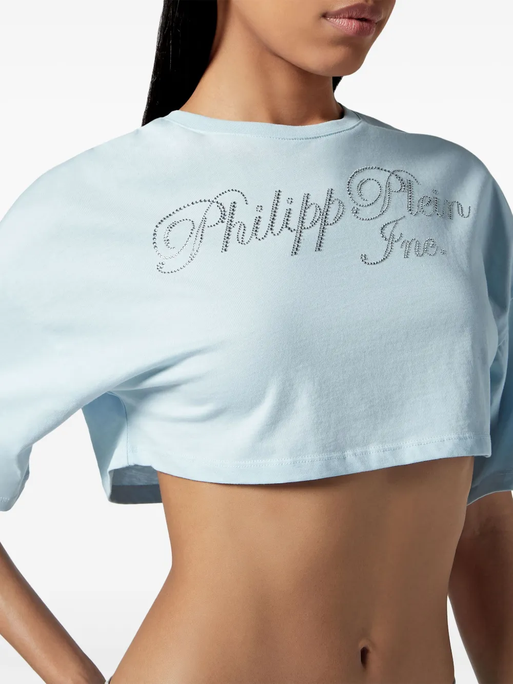 Shop Philipp Plein Crystal-embellished Logo-print Cropped T-shirt In Blue