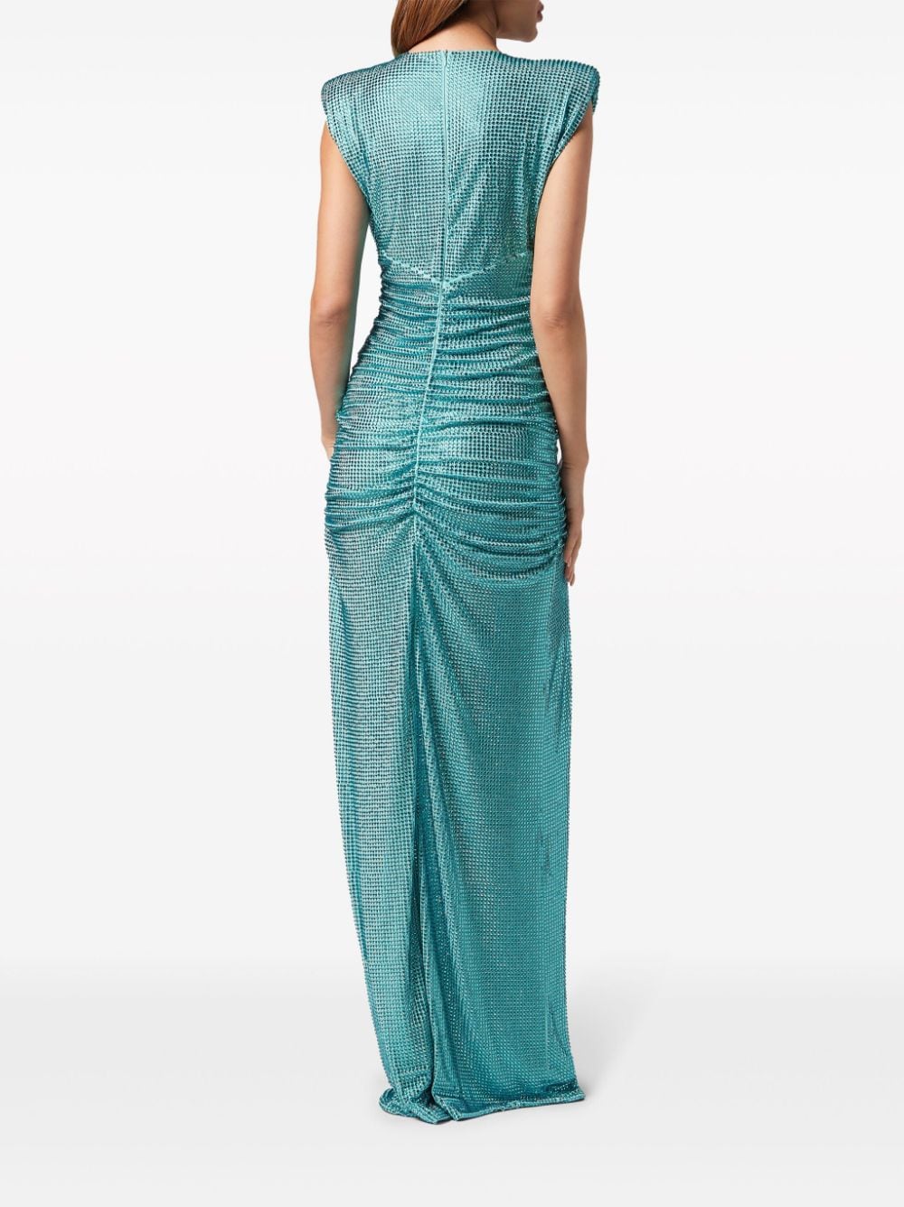 Shop Philipp Plein Crystal-embellished Ruched Maxi Dress In Blue