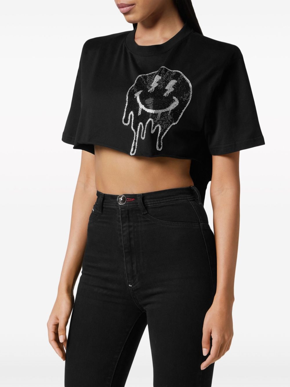 Shop Philipp Plein Smiley-face Cropped T-shirt In Black