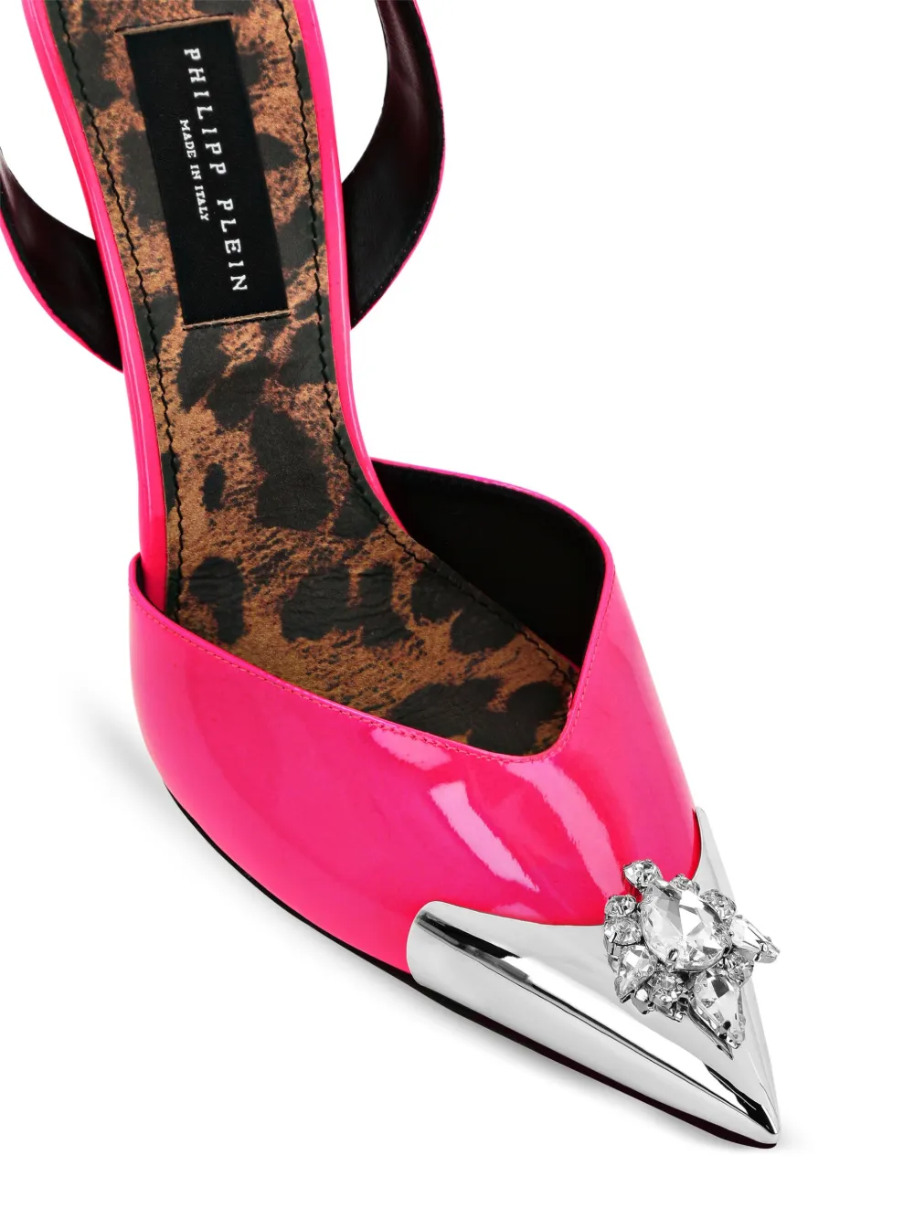 Philipp Plein diamond brooch patent leather slingback pumps Pink
