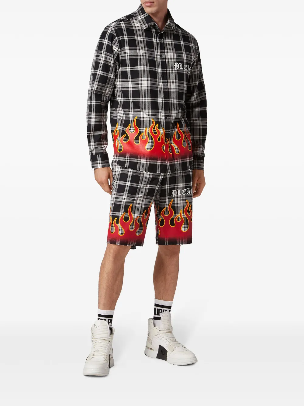 Shop Philipp Plein Flame-print Plaid Cotton Shirt In Black