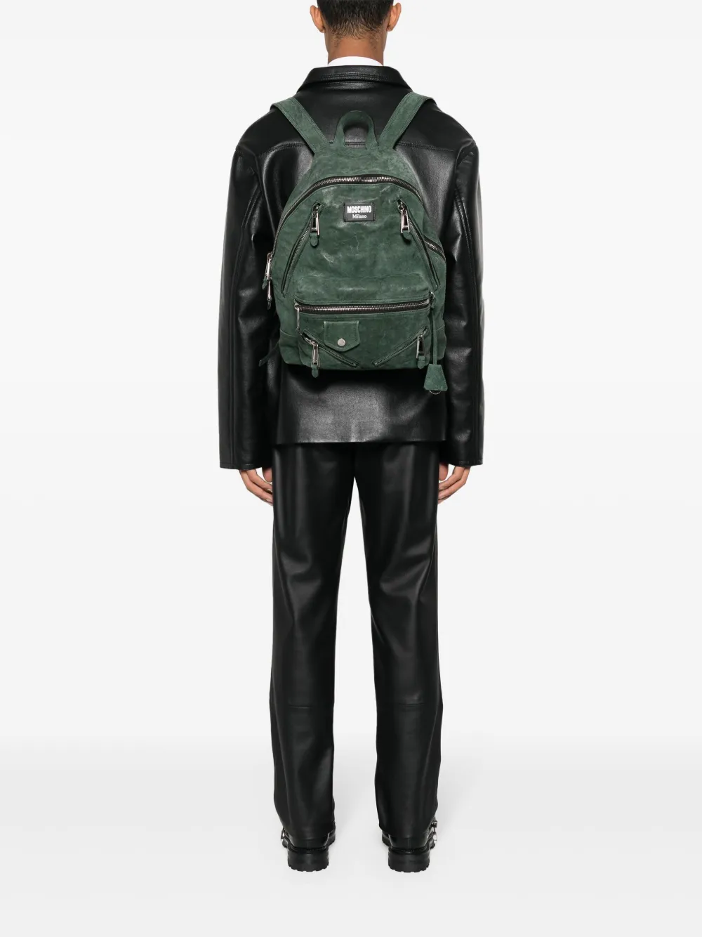 Moschino Leren rugzak met logo applicatie - Groen