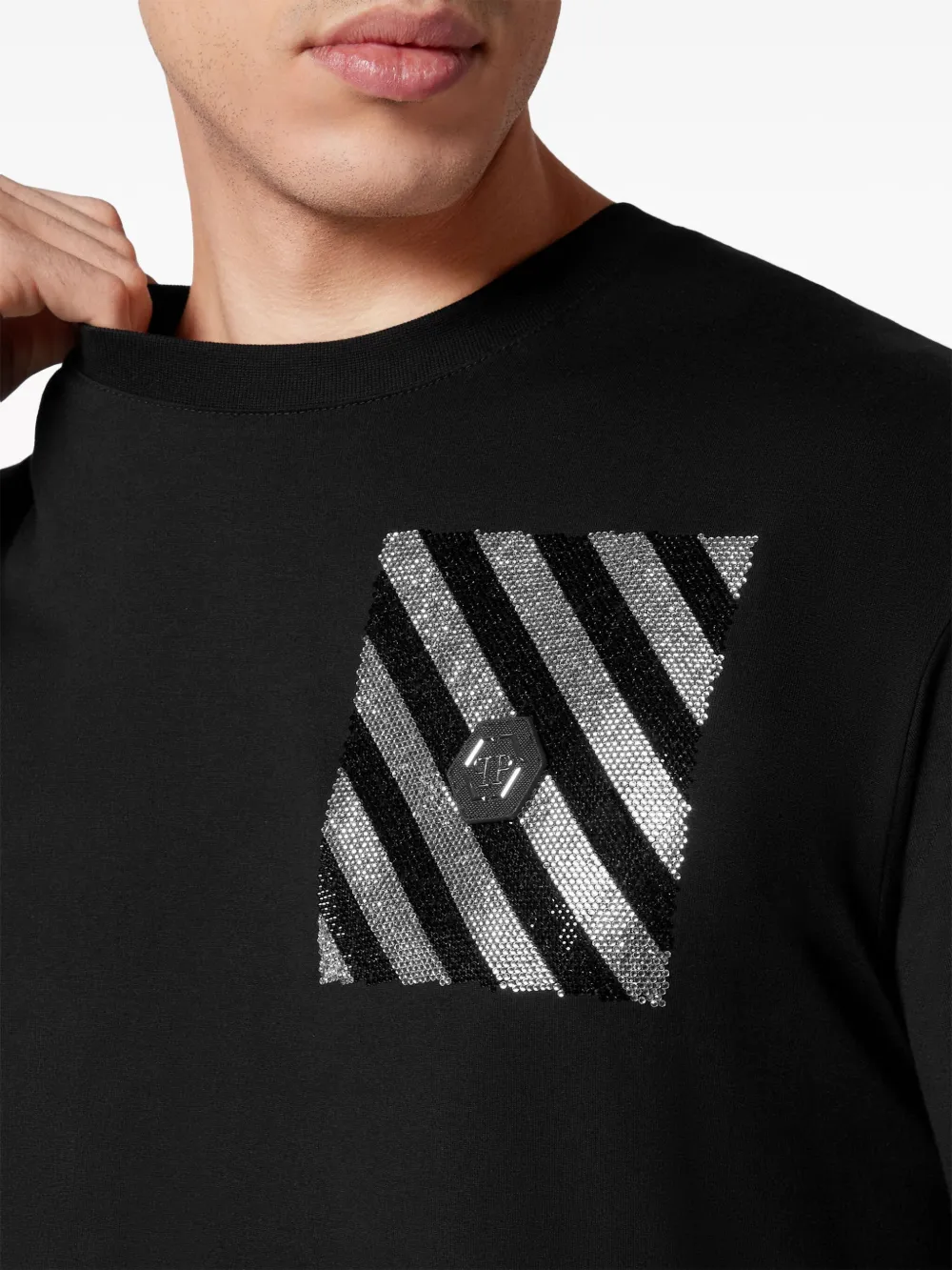 Philipp Plein Gestreept T-shirt verfraaid met stras Zwart