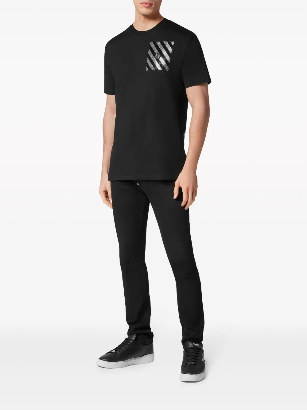 Shop Philipp Plein Rhinestone-embellished Striped T-shirt In Black